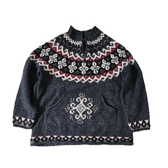 Icelandic Design L Quarter Zip Navy Gray Red Fair Isle 100% Cotton Sweater Fall - Picture 1 of 8